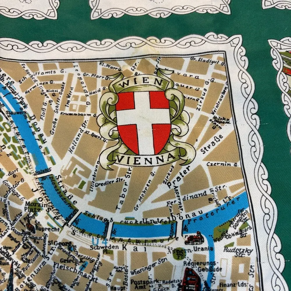 Vintage Striessnig Wien Germany Rhine River Castles Map Polyester Scarf Green